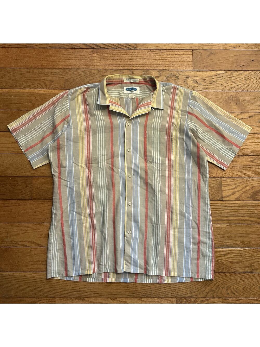 Vintage 70s Sea Isle Arrow Striped Camp Collar Short Sleeve Button Up Shirt L